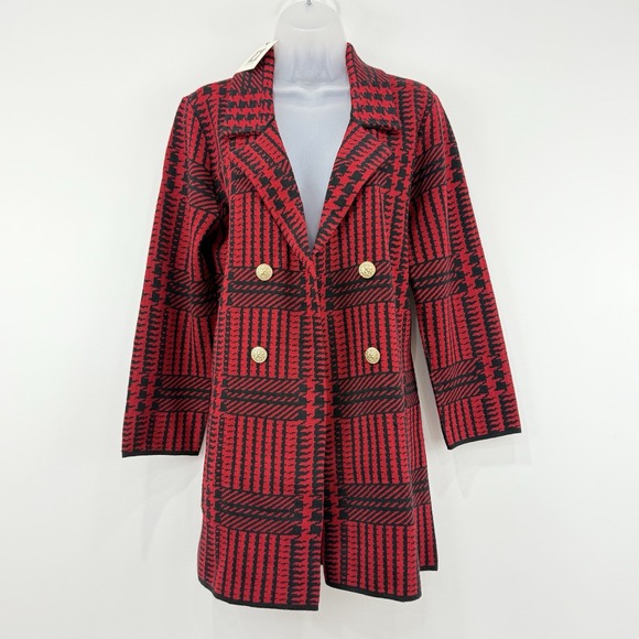 Anne Klein Cardigan Women M Red Houndstooth NWT Old Money Open Front Gold Button - Picture 1 of 15